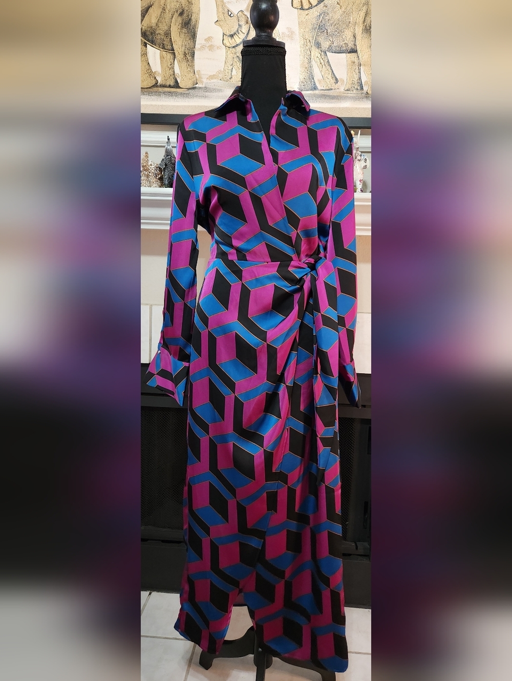 House of Harlow 1960 Geometric Wrap Maxi Dress in Magenta & Blue